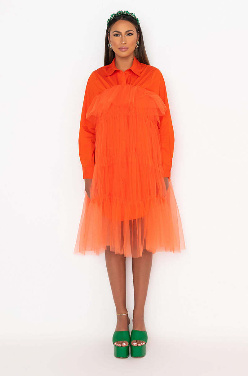 DEEPLY IN LOVE FASHION TULLE MIDI DRESS ORANGE