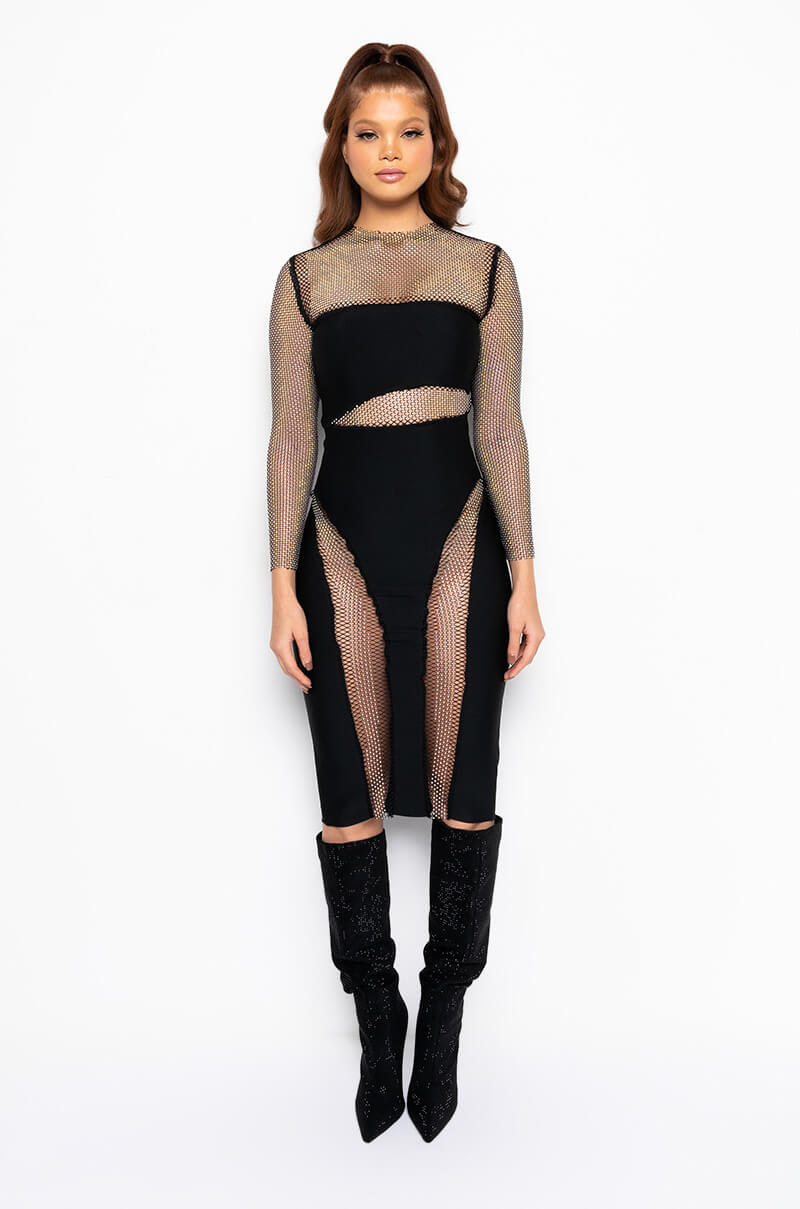 DRESS TO IMPRESS BANDAGE MIDI DRESS WITH RHINESTONE MESH