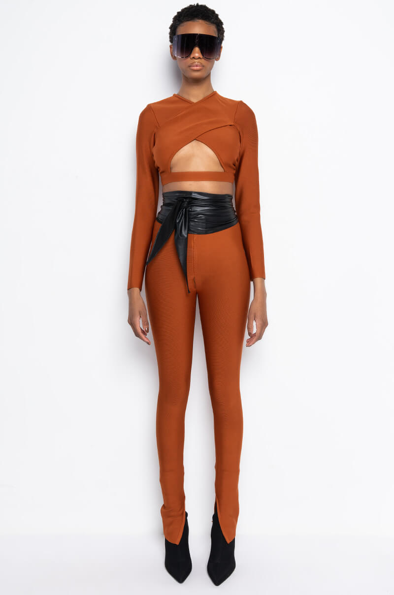 DRINKS ON YOU CUTOUT LONG SLEEVE BANDAGE TOP