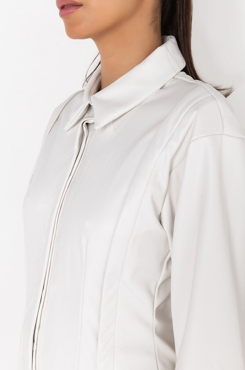 CUNTY BUTTON FRONT PU SHIRT DRESS IVORY