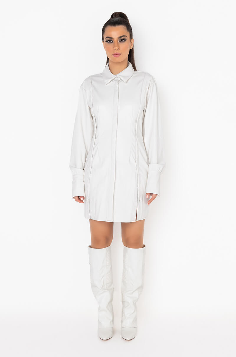 CUNTY BUTTON FRONT PU SHIRT DRESS IVORY